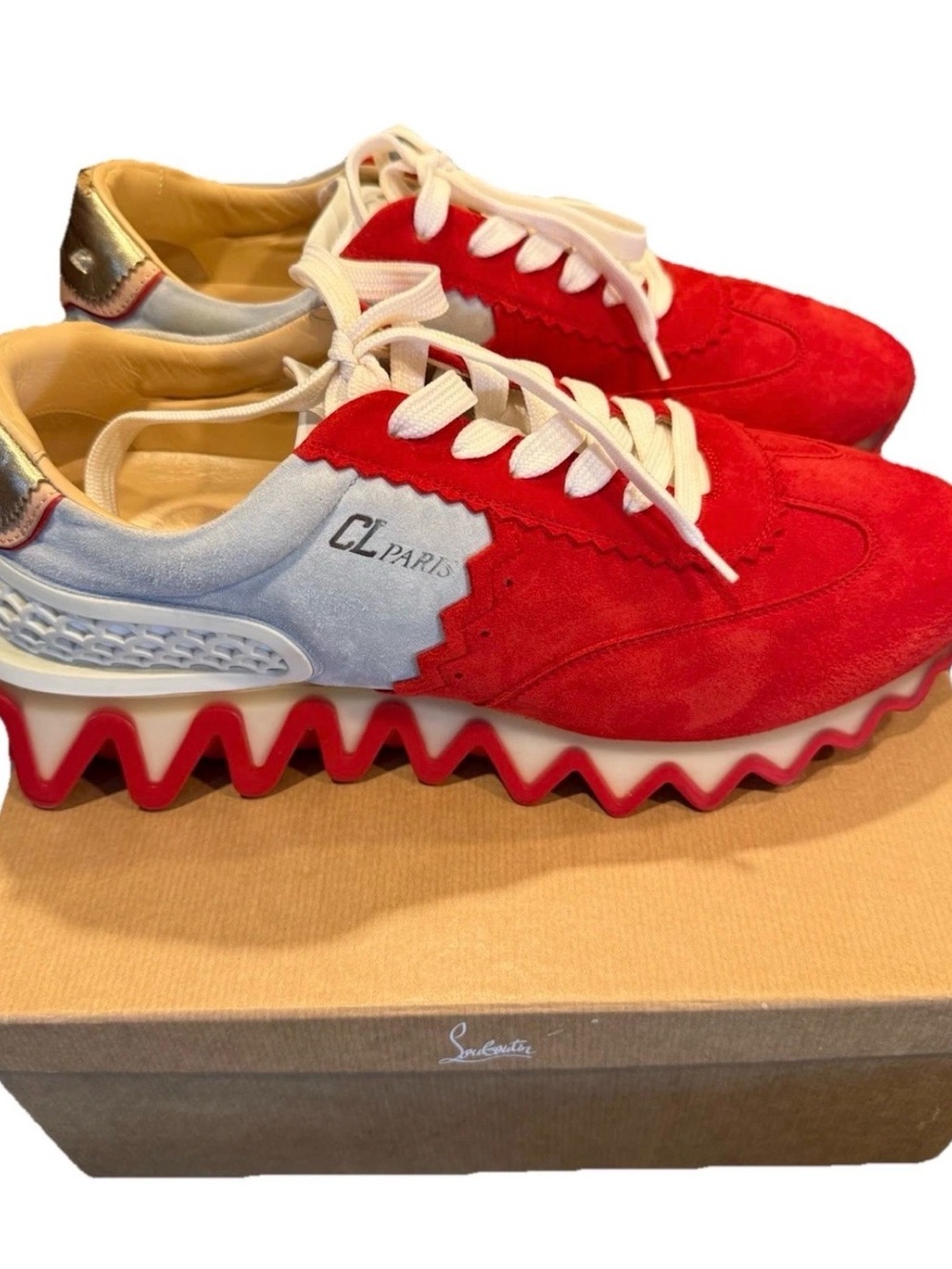 Christian Louboutin Red Suede Sneakers with Light Blue Accents